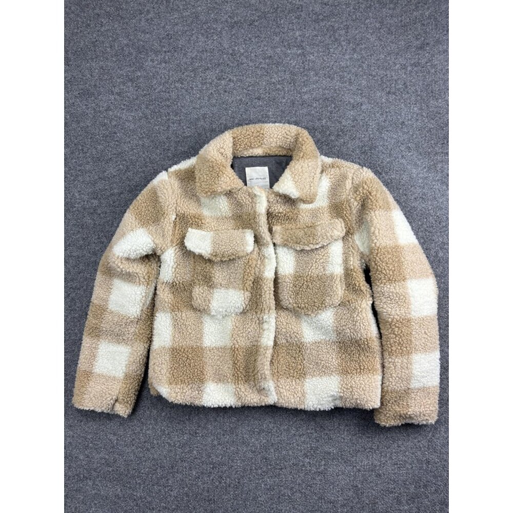 Avec Les Filles Sherpa Fleece Shacket Womens Small Tan‎ Cream Plaid Snap Front